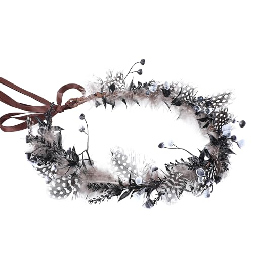 Black Flower Crown Headband - Elf Floral Headpiece Flower Girl Hair Accessory Pregnant Women Birthday Wedding Party Photo Props - color: Feather-Black