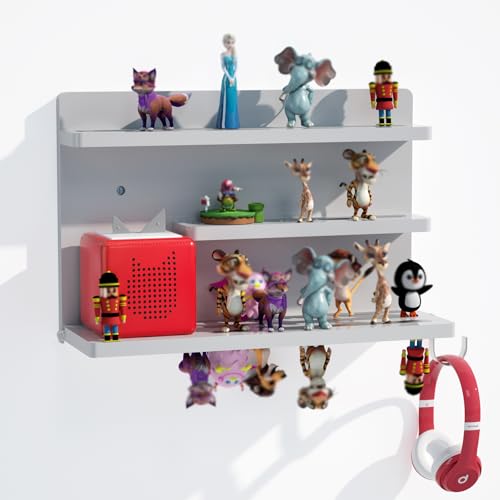 for Tonies Shelf Magnetic - Tonies Figure Organizer for Kids Room, Wooden Magnetic Display Shelf for Tonies Box Holder, Wall Floating Shelves Toy Storage Compatible Charging Station (3 Tier, Grey) - color: Grey, size: 3 Tier