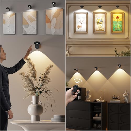 Picture Lights for Wall Wireless with Magnetic,2000mAh Rechargeable Picture Frame lights with Dimmable,Puck Lights with Remote Control,Art Lighting for Paintings,Counter, Shelf,Bookcase(4 Pack,Black) - color: Black-4 PACK