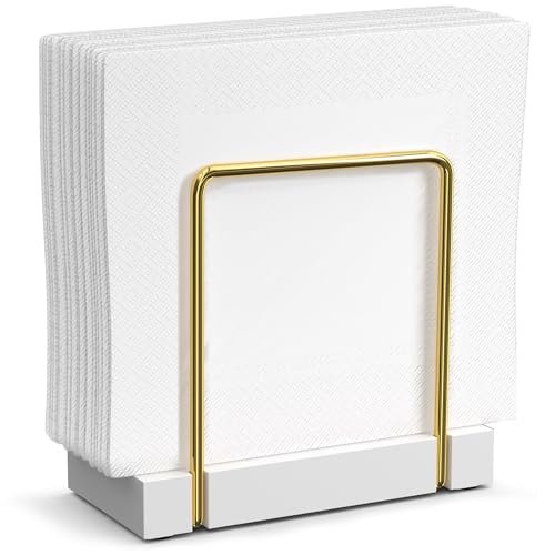 Napkin Holder for Table, Bamboo Iron Standing Napkin Dispenser for Dining Table Farmhouse Cocktail Picnic Rustic Wood Holders All Kitchen Dining Room Decor Gold & White - color: Gold/White, size: 5.78*2.51*5.04 inch