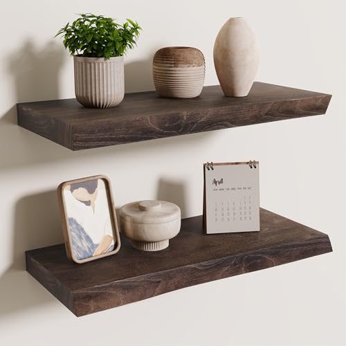 Axeman 18 inch Floating Shelves for Wall - 8'' D Live Edge Rustic Solid Elm Wood Floating Shelves Wall Mounted, Wall Shelves with Invisible Bracket for Living Room Bedroom Kitchen, Set of 2 Walnut - color: Walnut With Live Edge, size: 18 inches - 2P