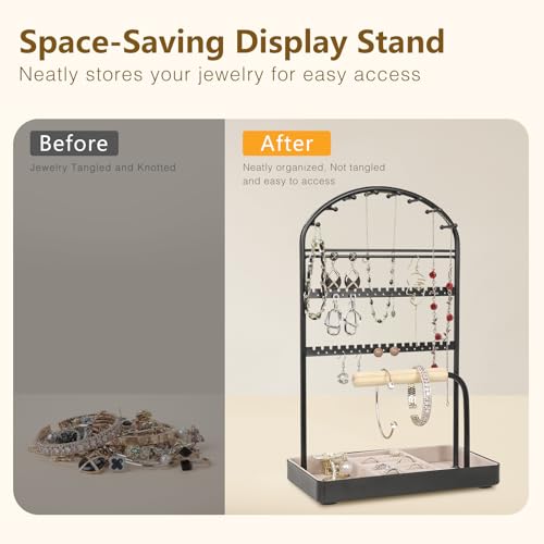 Saydear Multi-Functional Jewelry Holder Organizer Necklace Display Stand Velvet Lined Bar for Rings 2 Tier with 18 Hooks, 32 Earring Holes - Sturdy and Durable, Easy Organization Black - color: Black V1.0