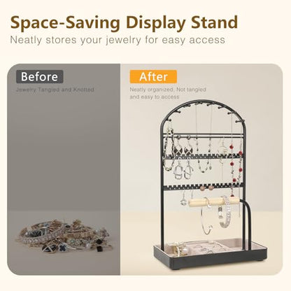 Saydear Multi-Functional Jewelry Holder Organizer Necklace Display Stand Velvet Lined Bar for Rings 2 Tier with 18 Hooks, 32 Earring Holes - Sturdy and Durable, Easy Organization Black - color: Black V1.0