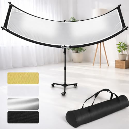 Clamshell Light Reflector Diffuser with Rolling Stand and Carrying Bag, 70"x24"/180x60cm Arclight Curved Lighting Reflector for Photo Studio Photography with White/Gold/Silver/Black Colors by MCCKLE
