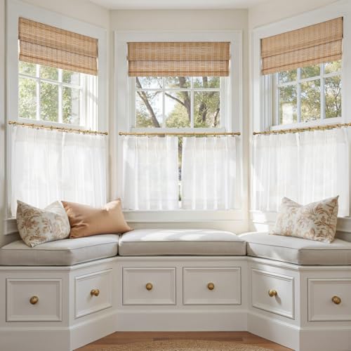 jinchan Linen Pinch Pleated Kitchen Curtains 20 Inch Natural Linen Tier Curtains Back Tab Farmhouse Cafe Style Light Filtering for Bathroom Laundry Room Small Window 2 Panels Off White - color: Pinch Pleated White, size: 26"W x 20"L (Pack of 2)
