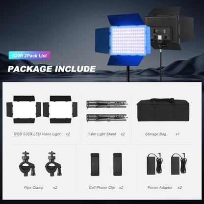 2Pack RGB LED Video Light Kit 12.6in with Barn Door, RGB Photography Light 20W/2500~8500K/14 Effect/2000lux@0.5m LED Panel Light Kit with Light Stand for Gaming Streaming Zoom YouTube Photography