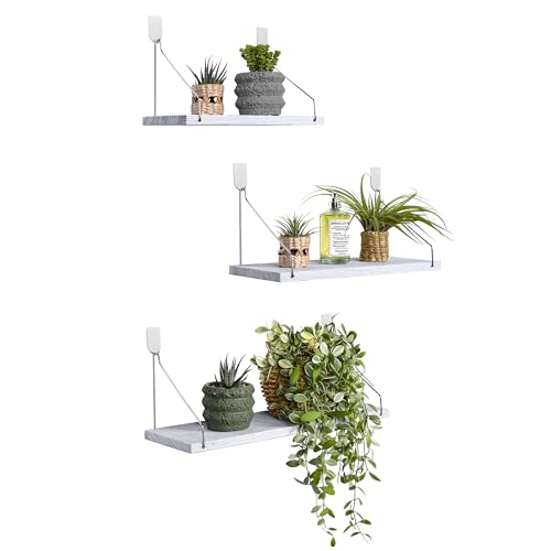 Floating Shelves Set of 3 Rustic Solid Wood Floating Shelf Wall Storage Shelves for Living Room, Bedroom, Bathroom, Kitchen Laundry, Office,no Drill Shelf(Grey and White Colour L+M+S) - color: Grey and White Colour, size: L+M+S