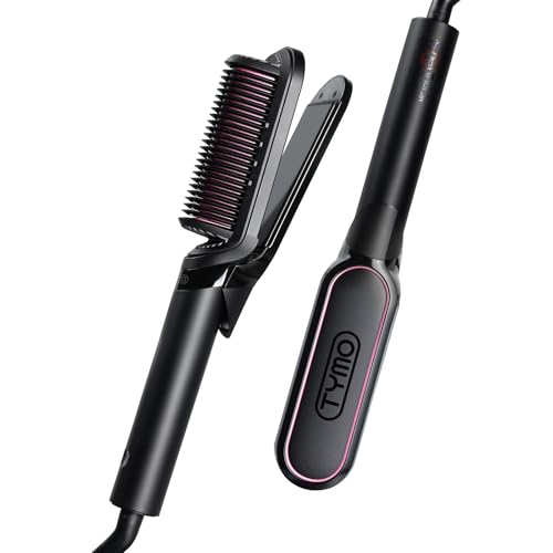 TYMO Flat Iron Hair Straightener Brush 2 in 1, 200M Ions Hair Straighteners for Women, Ceramic Straightening Hot Comb for Anti-Frizz Straights, Waves, Curl, 3X Less Heat Damage, Dual Voltage, Black