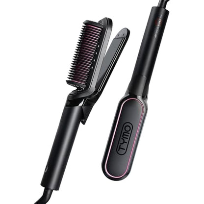 TYMO Flat Iron Hair Straightener Brush 2 in 1, 200M Ions Hair Straighteners for Women, Ceramic Straightening Hot Comb for Anti-Frizz Straights, Waves, Curl, 3X Less Heat Damage, Dual Voltage, Black