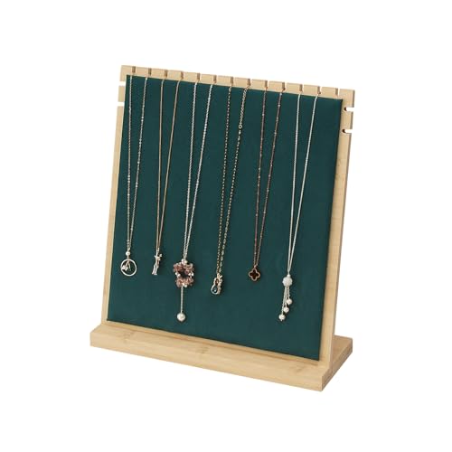 Bamboo Necklace Display Stand, Wood Jewellery Necklace Holder, Chain Jewelry Rack Organizer, Tabletop Display Boards for Home or Shop Sell Show (Dark Green Velvet) - color: Dark Green Velvet, size: Medium Size(10.8"X11.8")