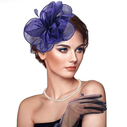 Fascinators Hats with Gloves Set for Women 20s 50s Cocktail Tea Party Wedding Costume Headwear - color: 03-navy