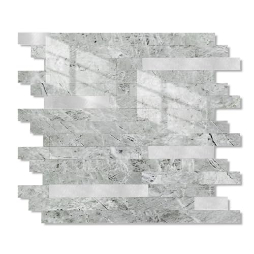 Yipscazo 10 Sheets Peel and Stick Stone Metal Tile Backsplash, Stick on Tiles for Backsplash Kitchen, Bathroom, Laundry Room, Camper, Fireplace (12'' X 12'', Polished Gray) - color: Polished Gray