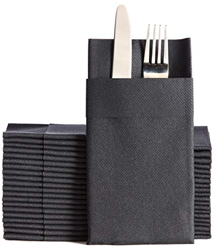 Moyes Home Black Disposable Dinner Napkins with Pocket - Linen-Feel Pre-Folded Cloth-Like Paper Napkins for Silverware, Weddings, Dinner Parties, 16x16 in, Pack of 50 - color: Black