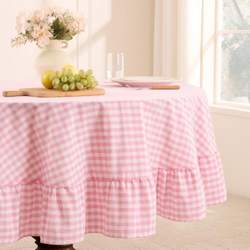 Romanstile Gingham Ruffled Tablecloth Round - Waterproof Linen Cotton Checkered Table Cloth, Outdoor Plaid Table Cover for Picnic, Camping, Party - 70 Inch, Pink - color: Pink Plaid, size: 70" (Round)