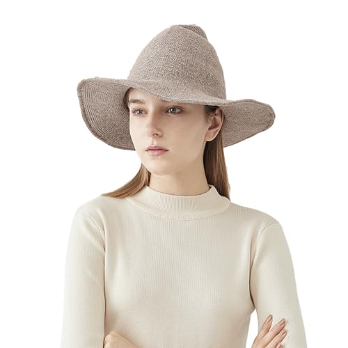 Halloween Witch Hat for Women Wide Brim Foldable Wizard Hat Wool Knit Pointed Cap Cosplay Costume Accessory - color: Khaki