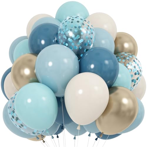 60 Pack Dusty Blue Gold Balloons, Slate Blue White Sand Teal Turquoise Crem Beige Latex Balloon Set Confetti Helium Balloon for Birthday Boho Baby Boy Shower Wedding Party Decorations - color: Dusty Blue White