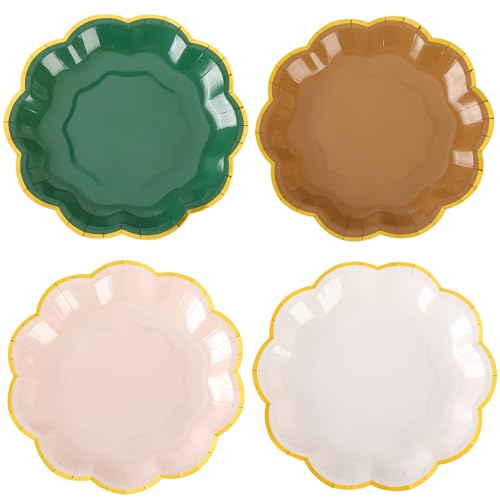 AimFun 48Pcs Woodland Scalloped Party Plates 7 Inch Sage Green Brown Disposable Dessert Plates Gold Foil Border Paper Plates for Birthday Baby Shower Wedding Forest Themed Party Supplies - color: Sage Brown