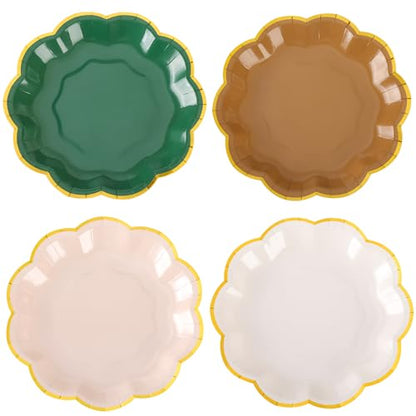 AimFun 48Pcs Woodland Scalloped Party Plates 7 Inch Sage Green Brown Disposable Dessert Plates Gold Foil Border Paper Plates for Birthday Baby Shower Wedding Forest Themed Party Supplies - color: Sage Brown