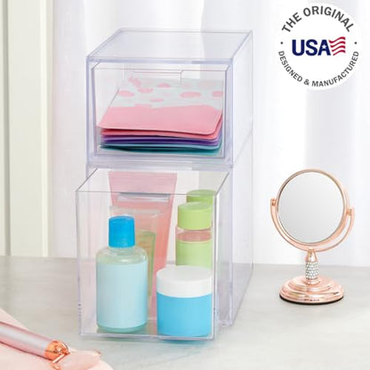 STORi Audrey Stackable Clear Bin Plastic Organizer Drawers | 2 Piece Set | Organize Cosmetics and Beauty Supplies on a Vanity | Made in USA - size: 4.5" and 6.75" Tall Set