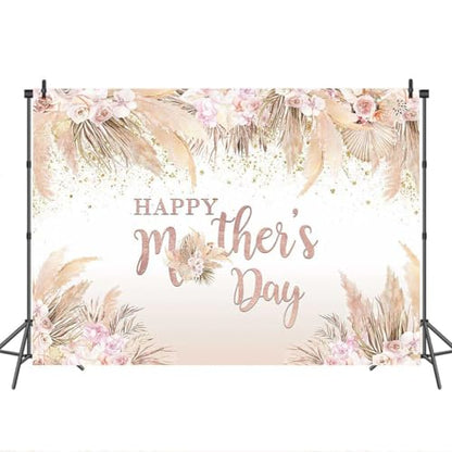 Mocsicka Happy Mother's Day Backdrop Boho Chic Pink Flowers Mothers Day Birthday Background for Women Vinyl Bohemian Pampas Grass Mom's Day Party Cake Table Decorations Photo Booth (10x7ft-2) - size: 10x7ft-2