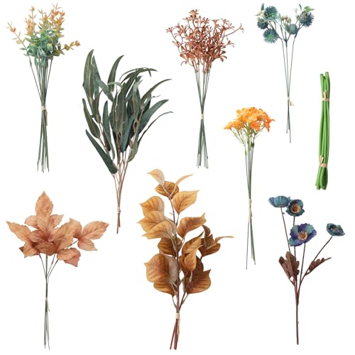 Floroom Artificial Greenery Stems Box Set, 39pcs with 8 Kinds of Faux Greenery Flowers Picks for DIY Bridal Bouquets Wedding Floral Arrangement Table Centerpieces, Earth Tones & Teal - color: Earth Tones & Teal