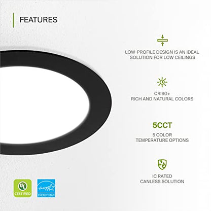 ASD 1 Pack LED Recessed Lighting 6 Inch 15W, 5 CCT 2700K-5000K CRI90+, IC Rated Ultra Thin Dimmable Ceiling Lights with J Box, Canless Wafer Downlight, Round Slim Panel Light, UL Energy Star, Black - color: Black, size: 6 Inch 15 Watt 1 Pack