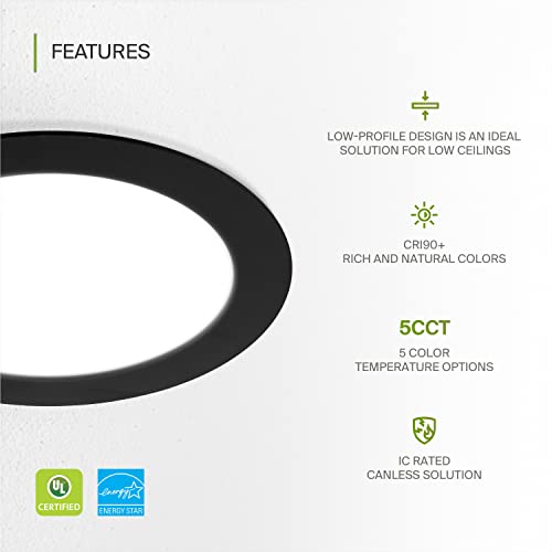 ASD 12 Pack LED Recessed Lighting 6 Inch 15W, 5 CCT 2700K-5000K CRI90+, IC Rated Ultra Thin Dimmable Ceiling Lights with J Box, Canless Wafer Downlight, Round Slim Panel Light, UL Energy Star, Black - color: Black, size: 6 Inch 15 Watt 12 Pack