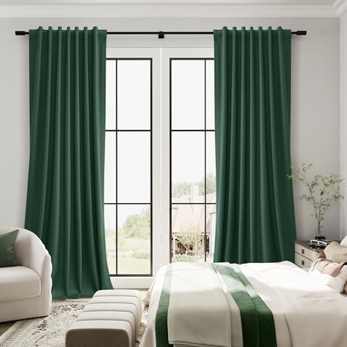 Green Linen 100% Blackout Curtains 120 Inches Long 2 Panels Set Modern Room Darkening Black Out Thermal Insulated Noise Cancelling Patio Door Bedroom Dining Room Back Tab Hook Belt 52x120 10Ft - color: Green, size: 52"W x 120"L (Pack of 2)
