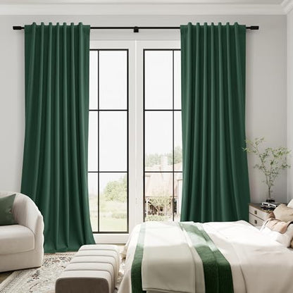 Green Linen 100% Blackout Curtains 120 Inches Long 2 Panels Set Modern Room Darkening Black Out Thermal Insulated Noise Cancelling Patio Door Bedroom Dining Room Back Tab Hook Belt 52x120 10Ft - color: Green, size: 52"W x 120"L (Pack of 2)