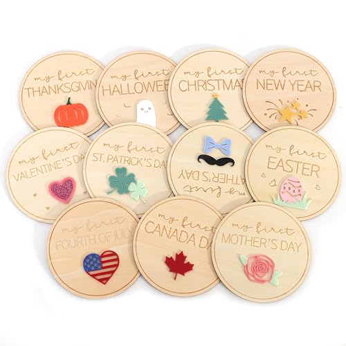 My First Holiday Milestone Sign - Wood Holiday Milestone Photo Props, Newborn Baby Photography Discs, 11 Pcs Wooden Disc Sign, Baby Shower Party Gift