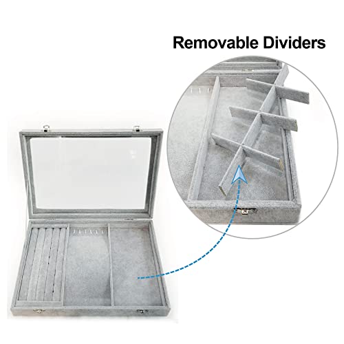 Ice Velvet Jewelry Organizer Box for Women Girlfriend Wife,Clear Lid Earrings Rings Necklace Bracelets Jewelry Tray Storage Case Grey - color: 8 Grids & 5 Slots & 6 Necklace Hooks