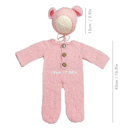 2Pcs Newborn Photography Props Boy Photo Posing Outfits Baby Photoshoots Girl Crochet Bear Hat Romper - color: Pink