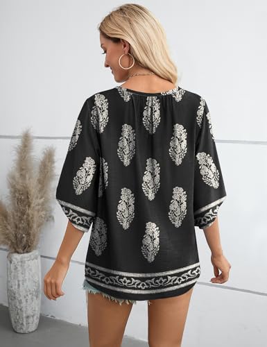 LOMON Women's 3/4 Length Sleeve Boho Tops V Neck Casual Vacation Clothes Loose Fit Tunic Shirts S-3XL - color: Black Floral, size: Small