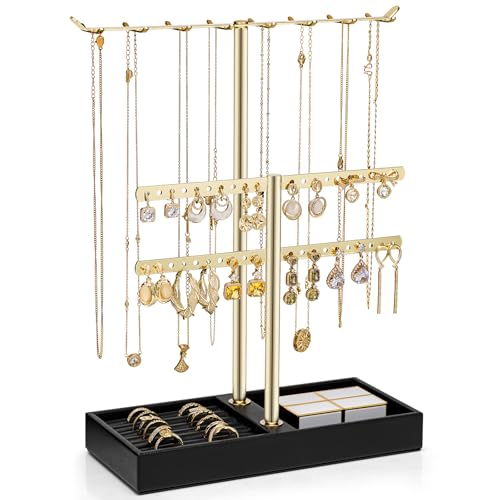 VLANDO 2 Tier Jewelry Stand Organizer with Tary, Leather Jewelry Holder Display for Women, Gold Jewlery Holder Stand for Necklace, Earring, Bracelet, Rings - Black - color: C.Black, size: 2-Layer