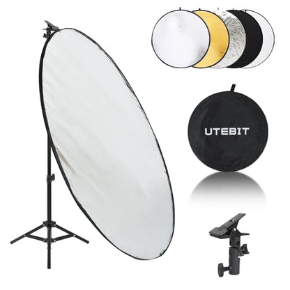 UTEBIT 31 Inch (80cm) Light Reflector Stand Kit Diffuser 5 in 1 Collapsible Multi Disc with Bag, 48 Inch Light Stand, Photography Reflector Holder-Translucent/Silver/Gold/White/Black - size: 31x31 Inch