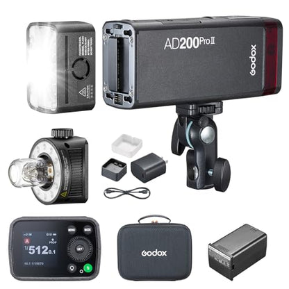 Godox AD200Pro II 200ws TTL Pocket Flash, Multi-Head System, Improved Heat Dissipation, 0.01-1.8s Recycling 1/512-1/1 Output 500 Full Power Flashes, Bi-Color Modeling Light, Color Screen & Indicator