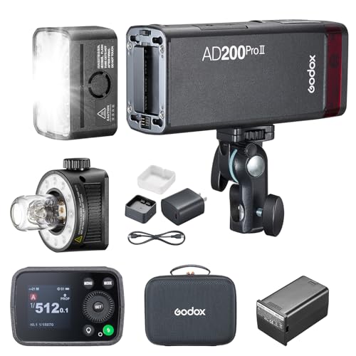 Godox AD200Pro II 200ws TTL Pocket Flash, Multi-Head System, Improved Heat Dissipation, 0.01-1.8s Recycling 1/512-1/1 Output 500 Full Power Flashes, Bi-Color Modeling Light, Color Screen & Indicator