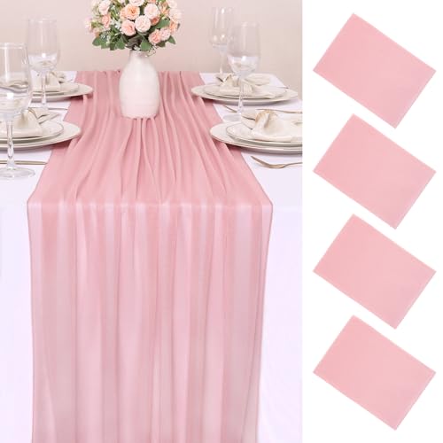 4 Pcs 10FT Dusty Rose Chiffon Table Runners 30x120 Inches Boho Tulle Fabric Sheer Table Runner for Wedding Bridal Baby Shower Birthday Party Decorations - color: Dusty Pink, size: 10FT × 4pcs
