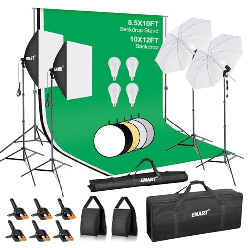 EMART 8.5 x 10 ft Backdrop Support System, Professional Photography Lighting Kit with 10*12ft Backdrop*3, 5500K 50W LED, Reflector, Umbrellas&Softbox Lighting Kit for Studio, Portrait, Video Shooting - color: 10x12ft Backdrop*3(black, white, green), size:
