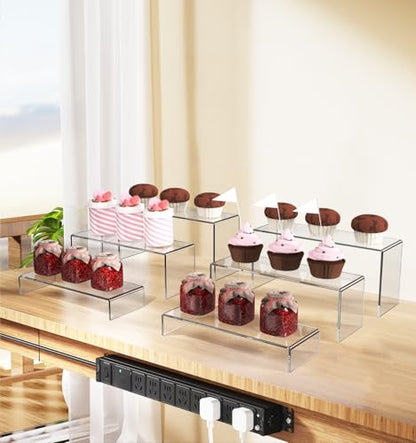 6 PCs Risers Display Stands 3 Tiers Desktop Acrylic Shelves Cake Dessert Holder Products Stand for Collectibles Shoes Jewels Pop Figure (Clear) - color: Clear 6 PCs