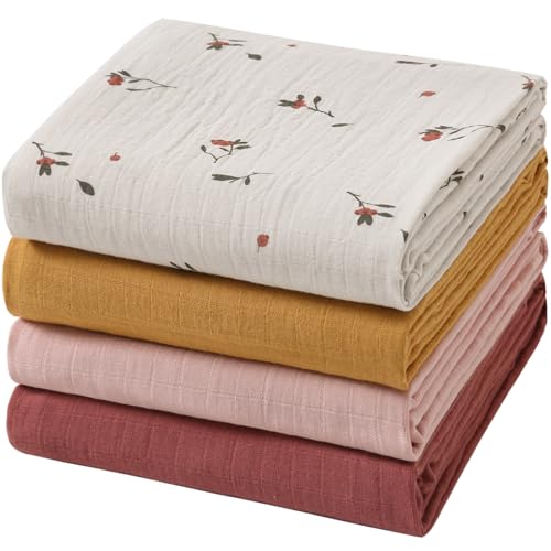 POMISO Muslin Swaddle Blankets for Boys & Girls, Newborn Receiving Blankets, 4 Pack Soft Breathable Baby Swaddles, Large 47x47 Inches, Red Berries & Earthy Colors - color: Red Berries & Earthy Colors