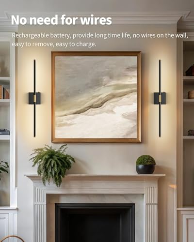 SAIMAND Wall Sconces Set of 2 Battery Operated, Wireless USB Rechargeable Wall Lights with Remote Control, 360° Rotation, 8000mAh LED Dimmable Picture Lamp for Living Room,Bedroom,Hallway (30in Black) - color: Black