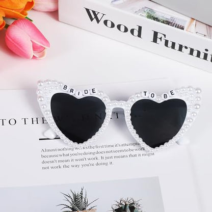 Etercycle Heart Sunglasses, Bride to Be Gifts Bachelorette Party Bride Sunglasses, Cute Glasses for Women Bachelorette Party - color: White Pearls