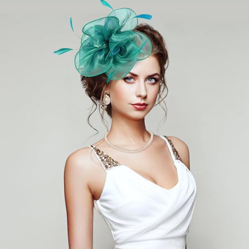 Fascinators Hats with Gloves Set for Women 20s 50s Cocktail Tea Party Wedding Costume Headwear - color: 03-teal