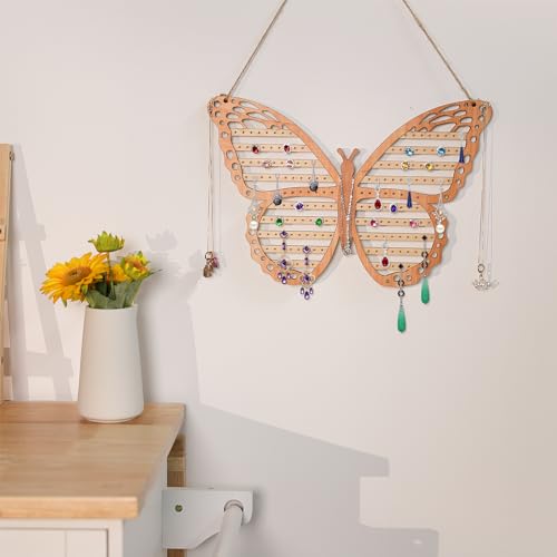 Wood Butterfly Earring Holder for Girls, Rustic Mount Hanging Earring Holder Wall Jewelry Organizer for Necklace Display Women Vendor Events,Craft Home Decor Gift,11 x 11 IN