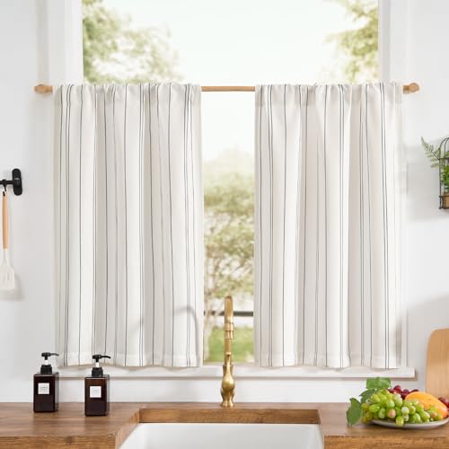 jinchan Striped Kitchen Curtains 24 Inches Linen Look Cafe Curtains Modern Farmhouse Tiers for Living Room Bathroom RV Small Windows Light Filtering Rod Pocket 2 Panels Black on White - color: Striped Black, size: 26"W x 24"L (Pack of 2)