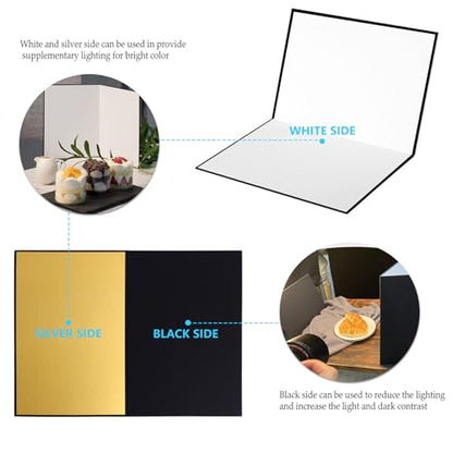 OUNONA Foldable A3 Reflective Board Photography Cardboard Light Diffuser Reflector for Still Life, Cosmetics, and Food Shooting with Black, White, and Gold Surfaces, Portable Studio