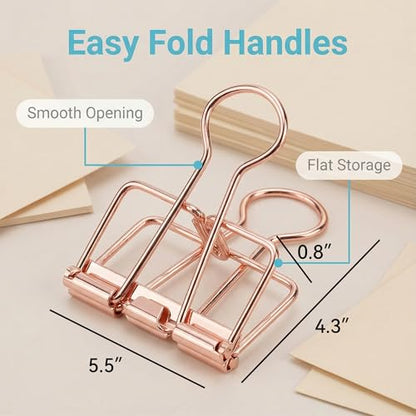 Binder Clips Rose Gold Hollow Long Tail Document Clamps, 6pcs Metal Spring Fasteners for Paper Stacks, Planner Notes, Desk Organization, Folding Handles for Easy Use - color: Rose Gold