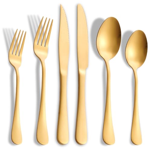 24-Pieces Matte Gold Silverware Set with Steak Knives,Stainless Steel Flatware Set,Cutlery Set Service for 6, Tableware Kitchen Utensil Set,Dishwasher Safe - color: Matte Gold, size: 24 Pieces Set
