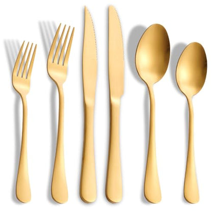 24-Pieces Matte Gold Silverware Set with Steak Knives,Stainless Steel Flatware Set,Cutlery Set Service for 6, Tableware Kitchen Utensil Set,Dishwasher Safe - color: Matte Gold, size: 24 Pieces Set